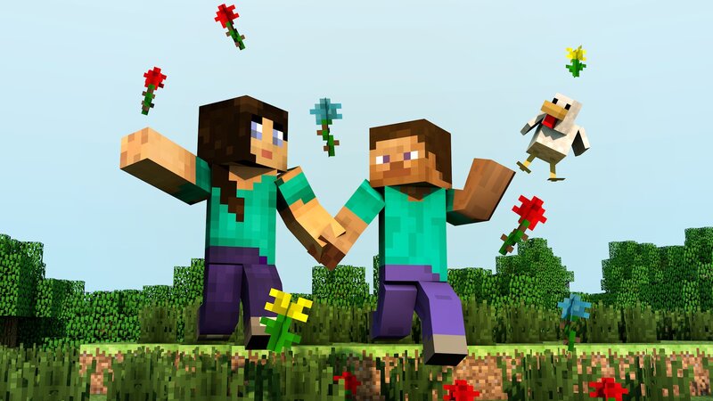 Minecraft characters in a field