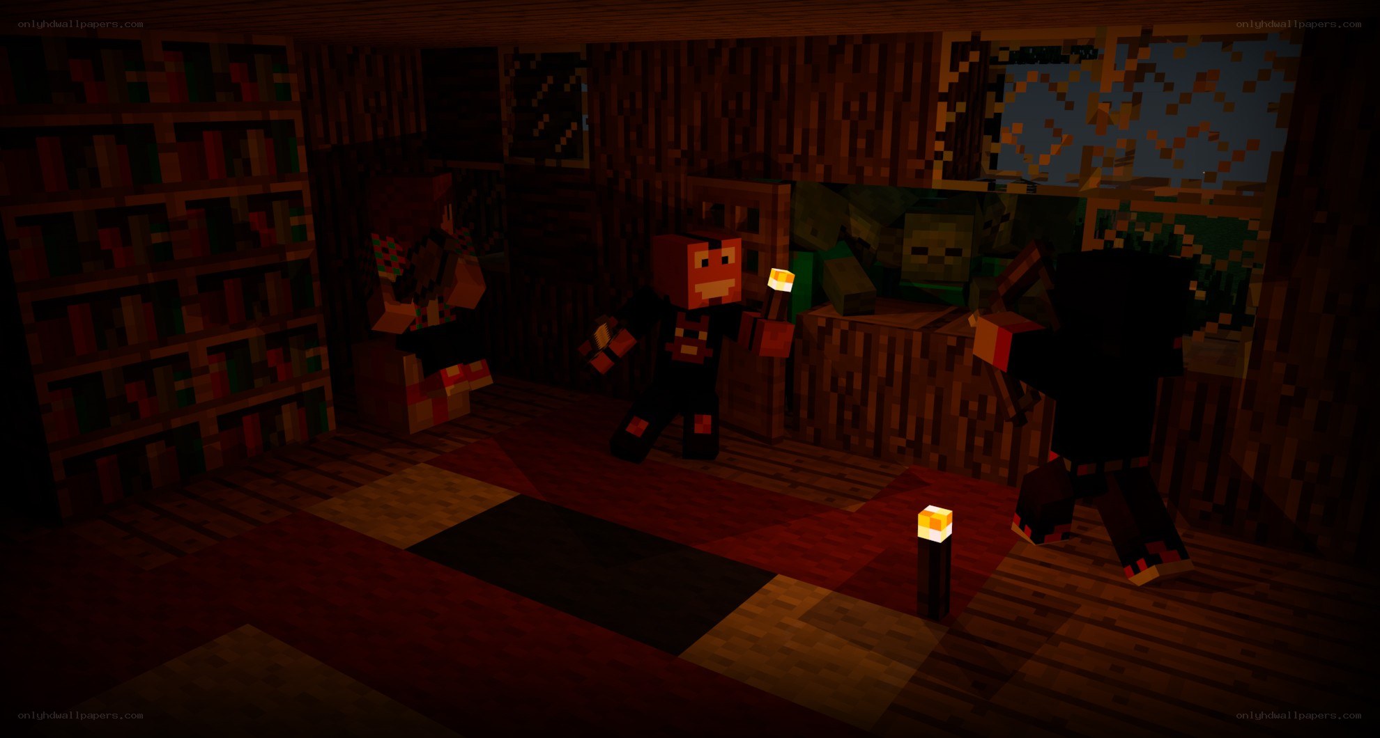 Minecraft characters in a library