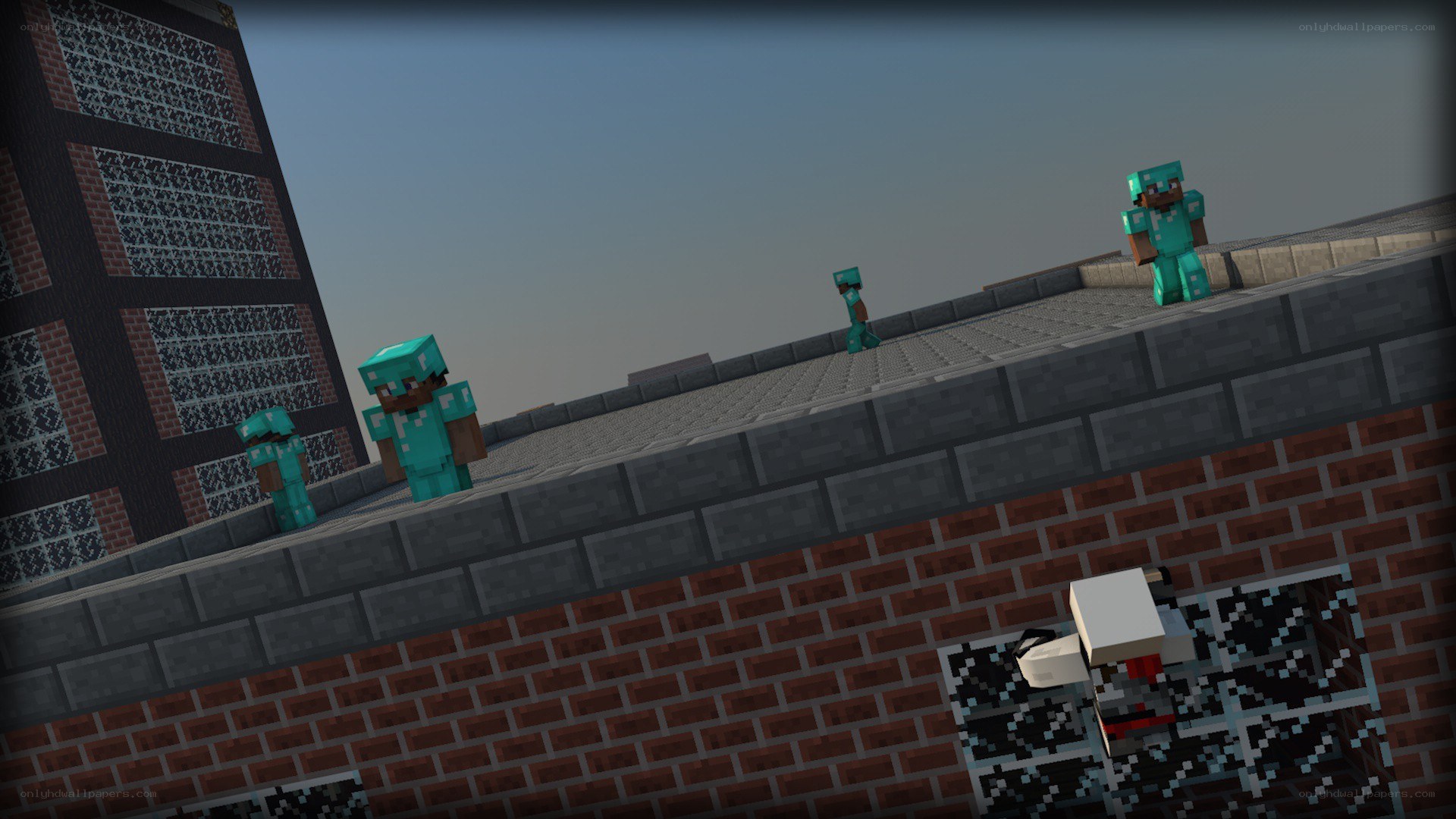 Minecraft characters on rooftop