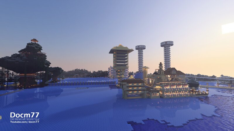 Minecraft city at dusk