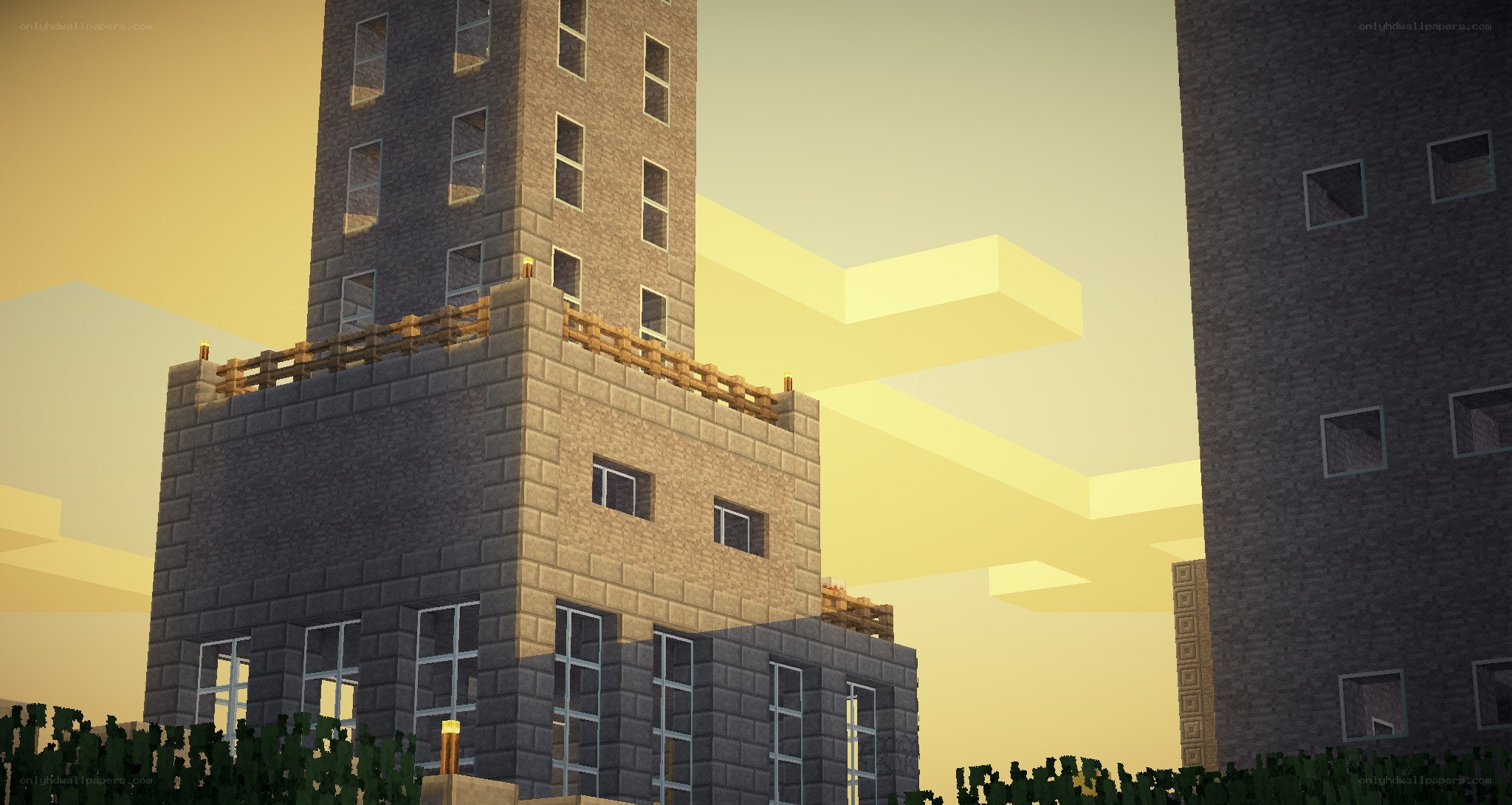 Minecraft city at sunset