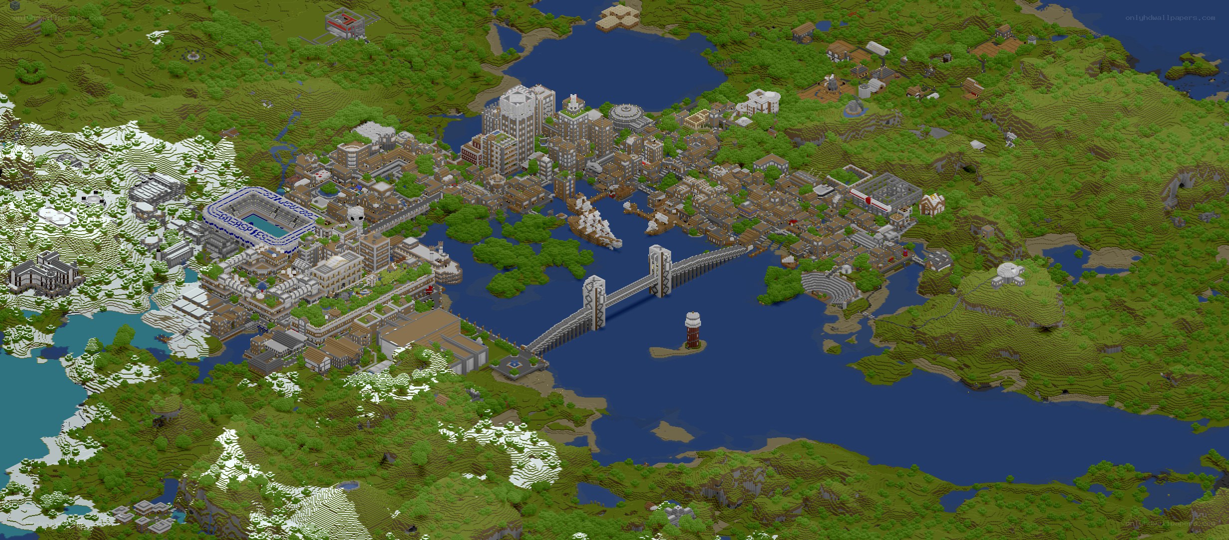 Minecraft city with bridge and stadium