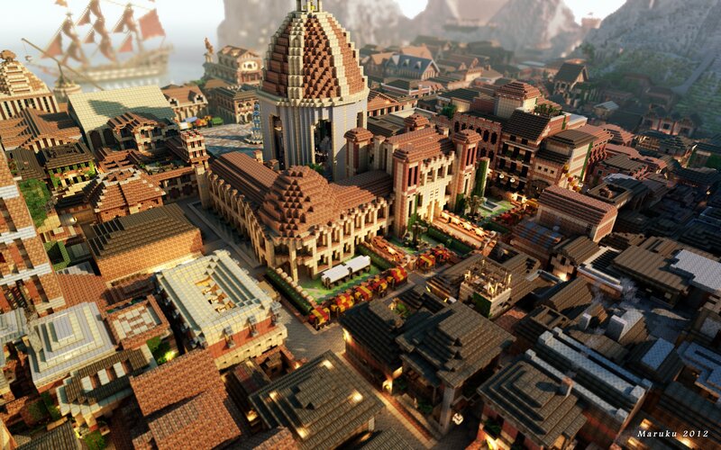 Minecraft city with ship