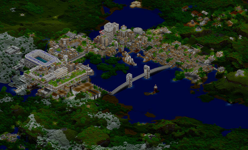 Minecraft city with stadium and bridge