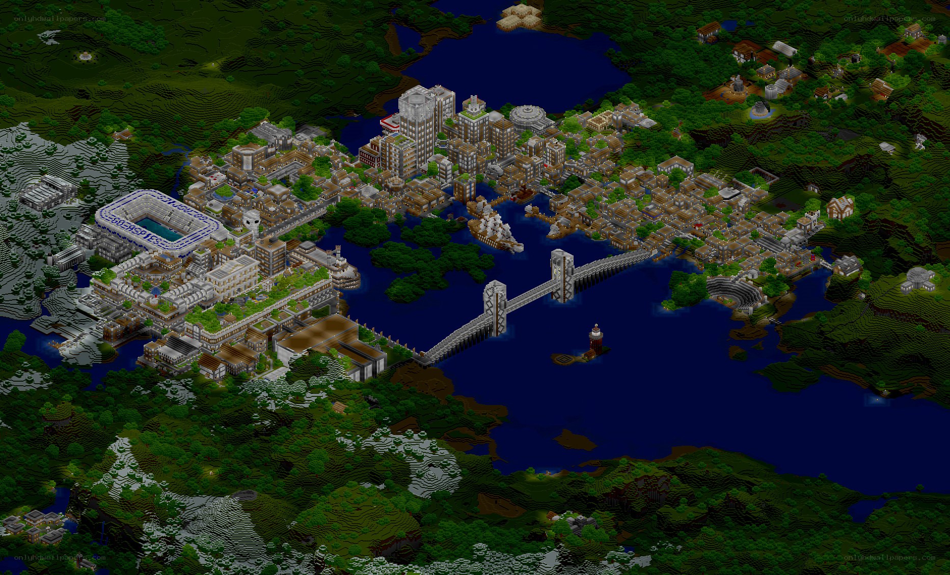 Minecraft city with stadium and bridge