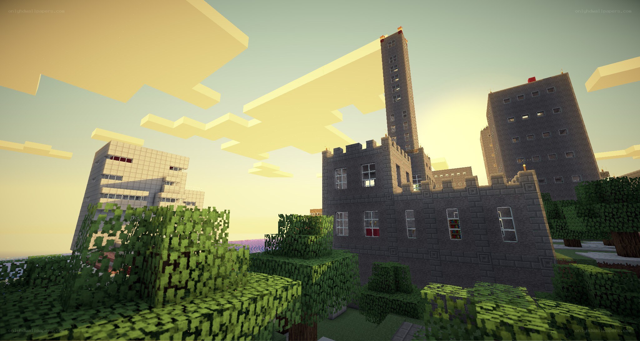 Minecraft cityscape at sunset