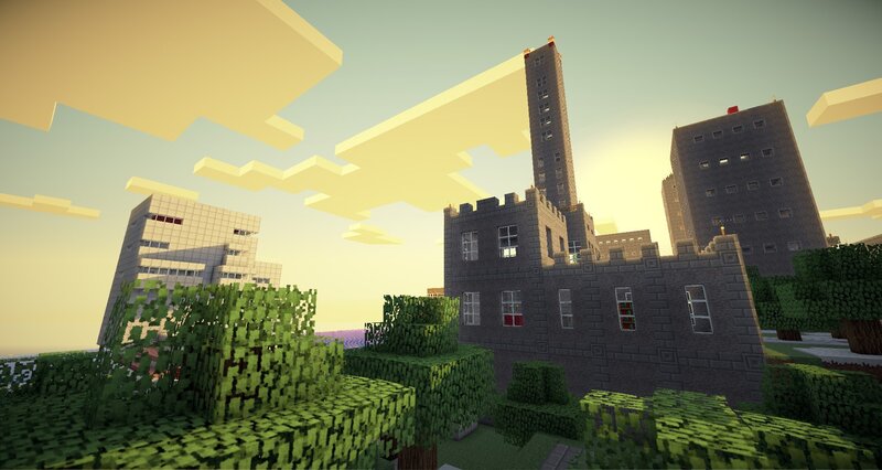 Minecraft Cityscape — Green, Serene, Sunset