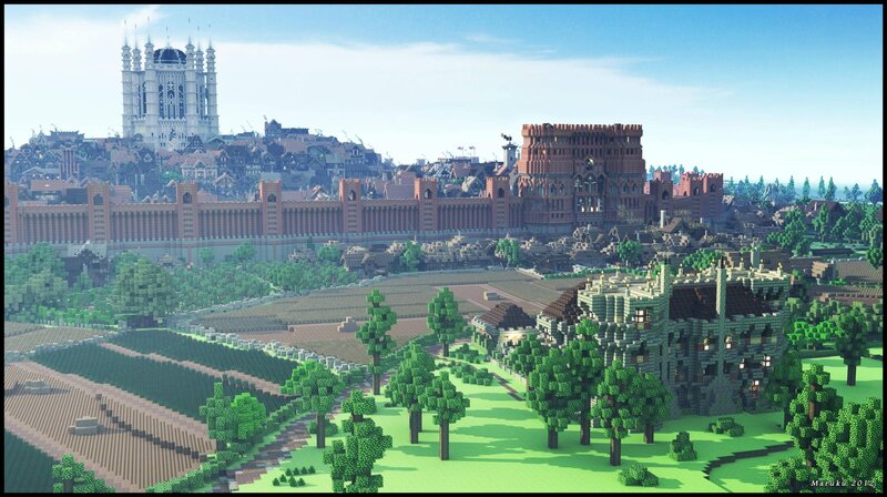 Minecraft cityscape with castle