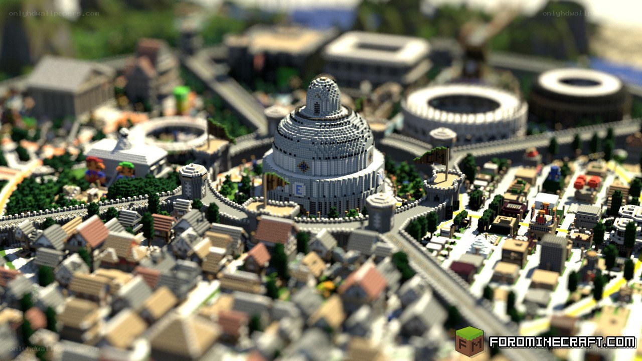 Minecraft cityscape with domed building