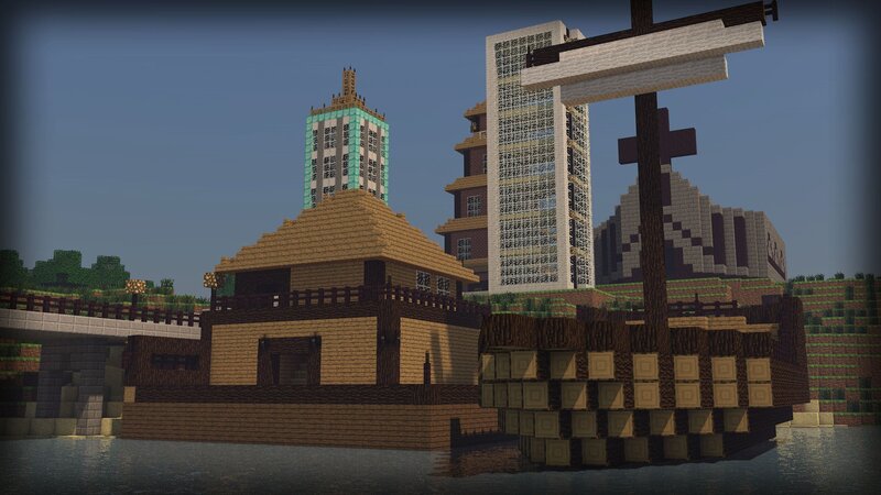 Minecraft cityscape with ship