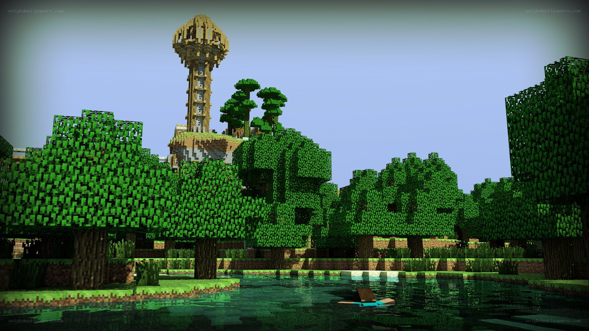 Minecraft forest scene with tower