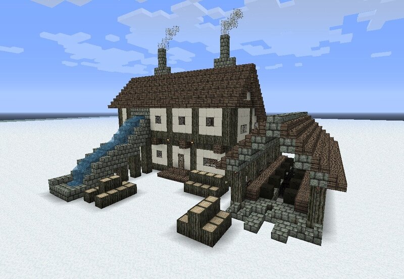 Minecraft house with waterfall