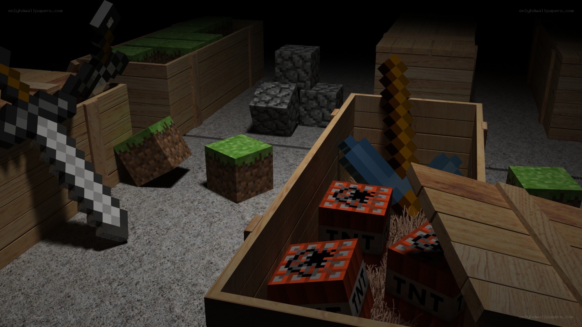 Minecraft items in wooden crates