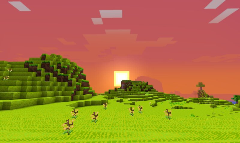 Minecraft Landscape — Green, Serene, Sunset, Pixel Art, Sun