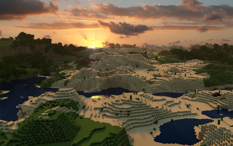 Minecraft Landscape — Green, Serene, Sunset, Pixel Art