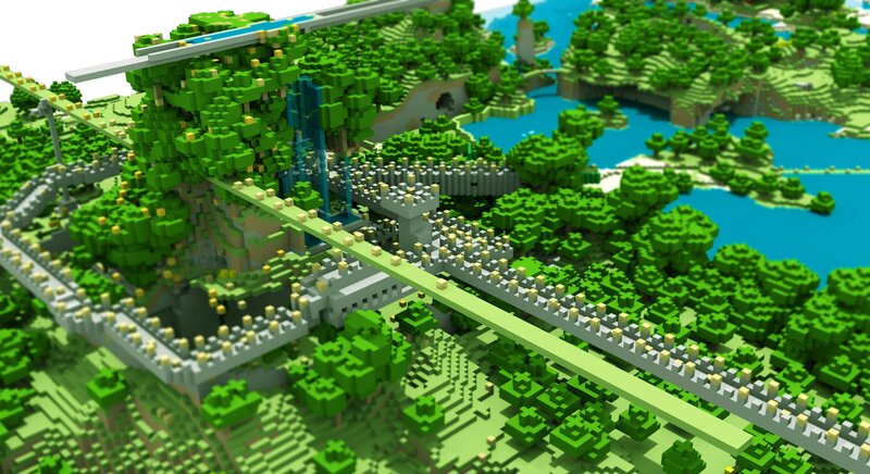 Minecraft landscape with bridge
