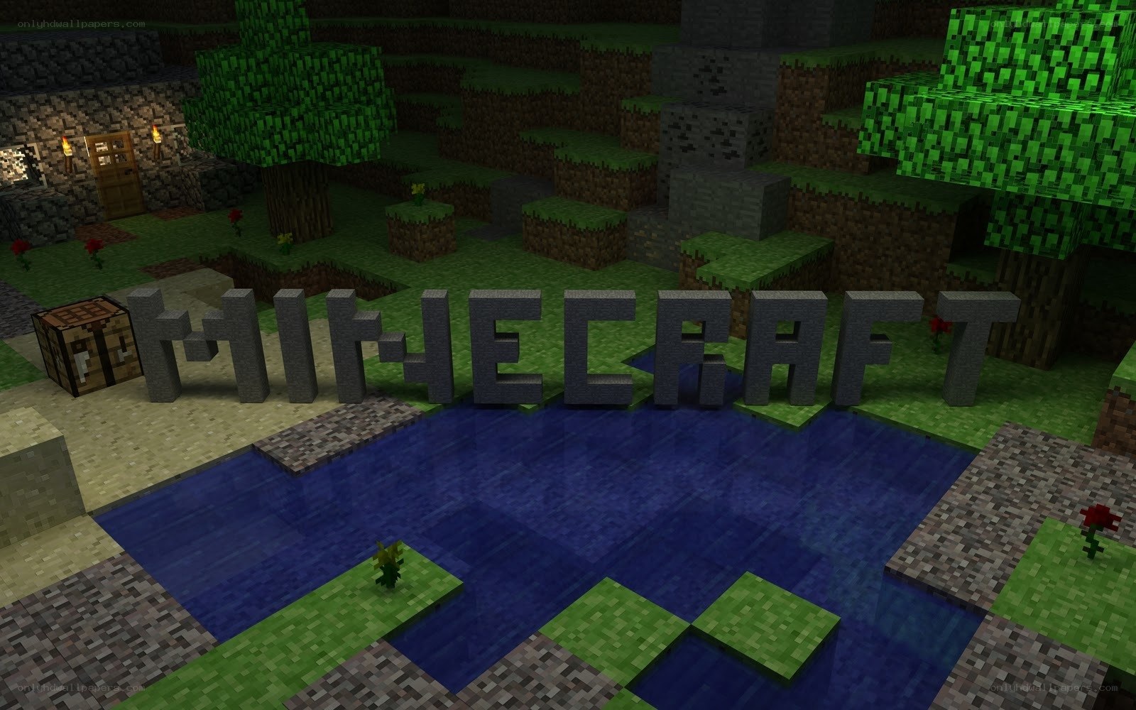 Minecraft logo in a village