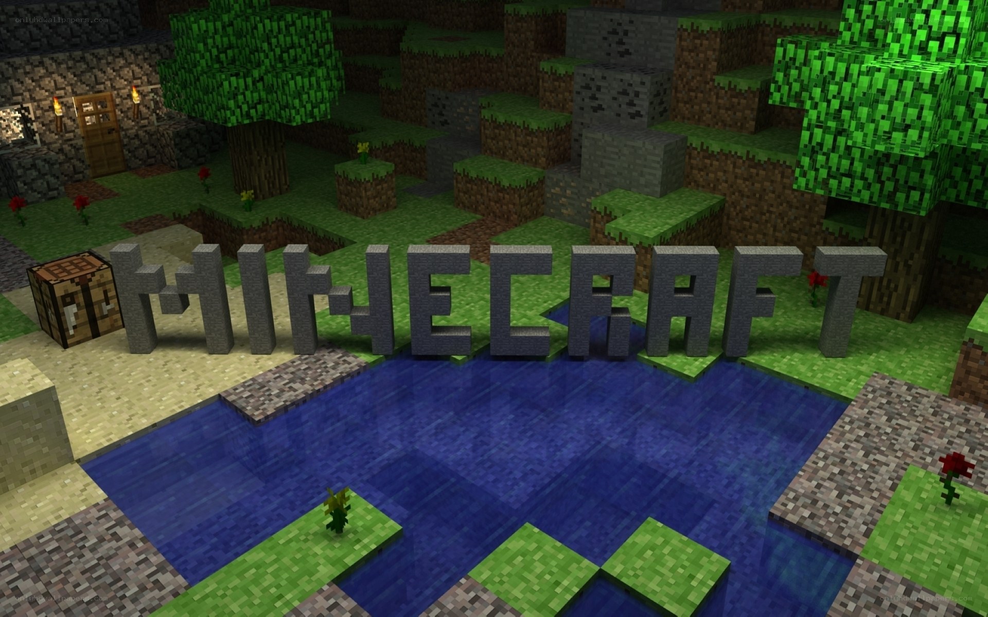 Minecraft logo in game world
