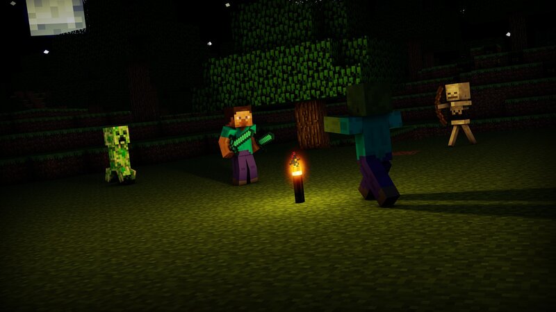 Minecraft night scene with mobs