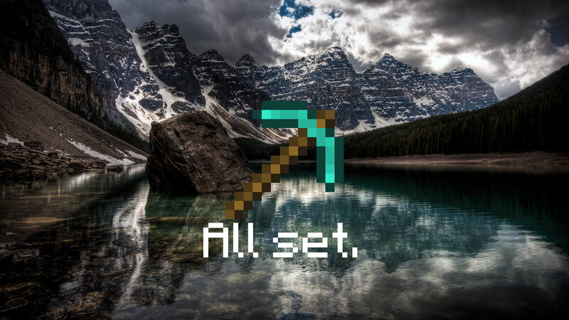 Minecraft pickaxe on mountain lake