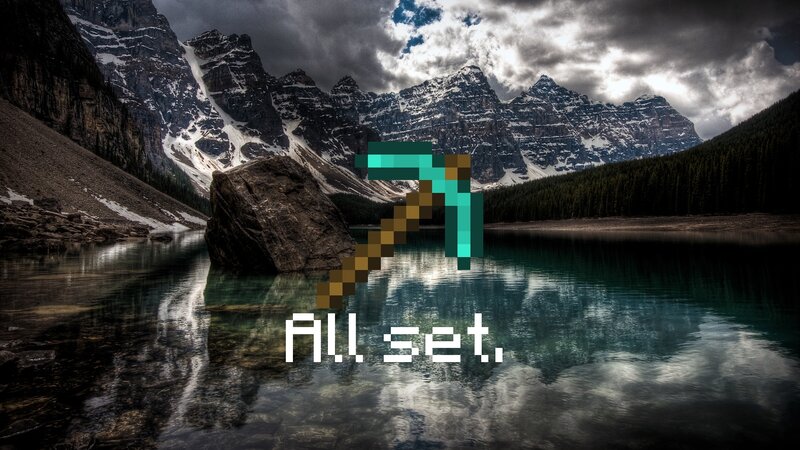 Minecraft pickaxe on mountain lake