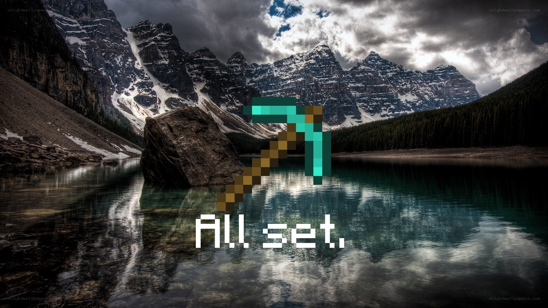 Minecraft pickaxe on mountain lake