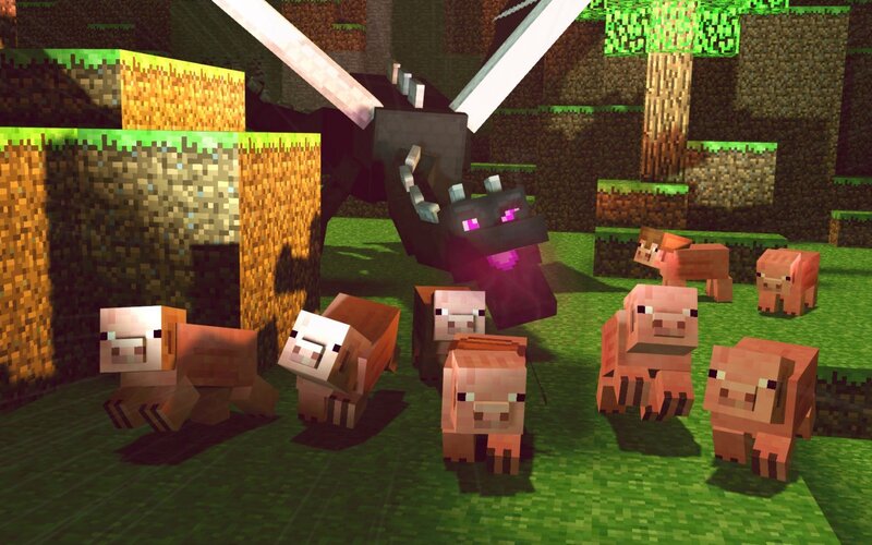 Minecraft pig herd with Ender Dragon