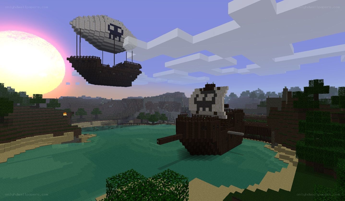 Minecraft pirate ships at sunset