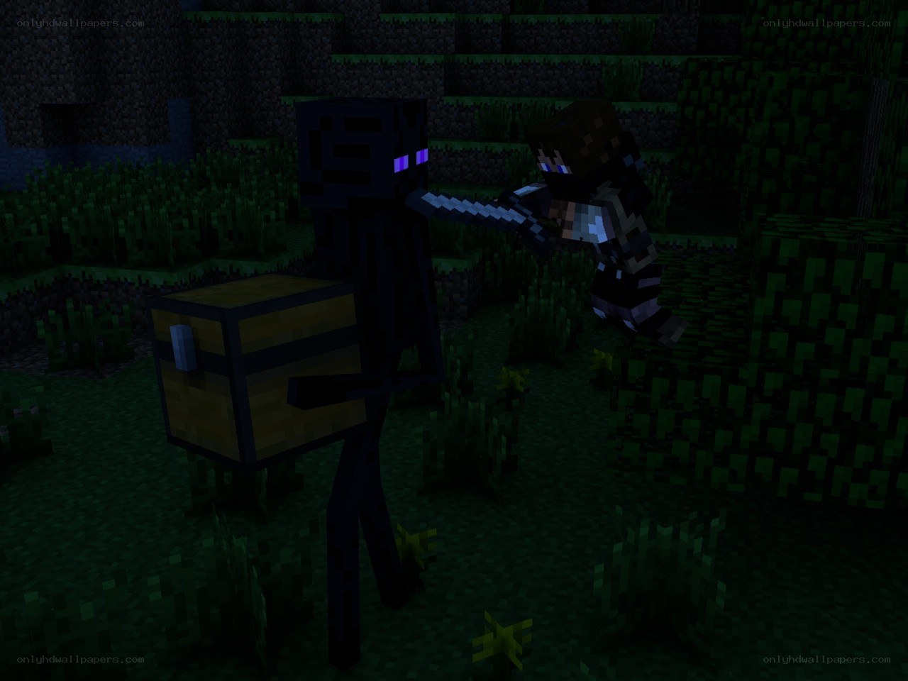 Minecraft player fighting Enderman