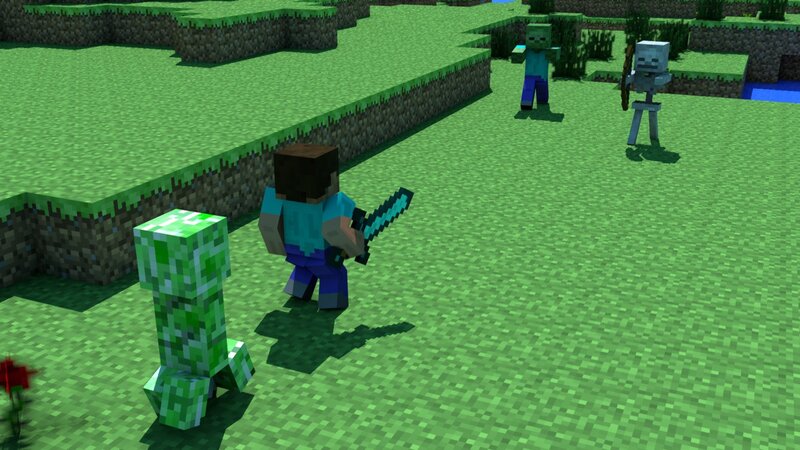 Minecraft player fighting mobs
