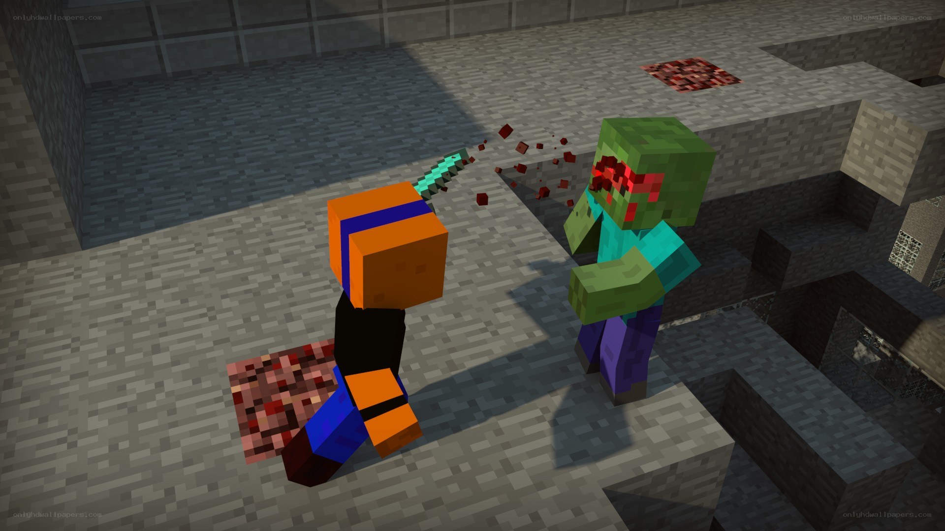 Minecraft player fighting zombie