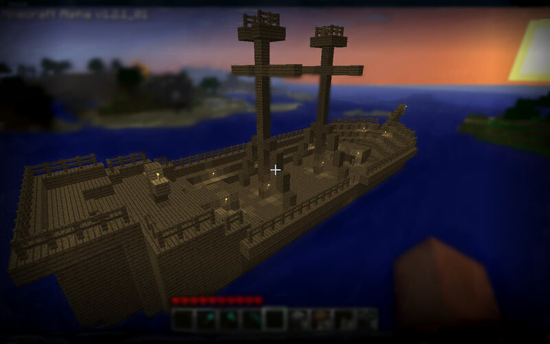 Minecraft ship at sunset