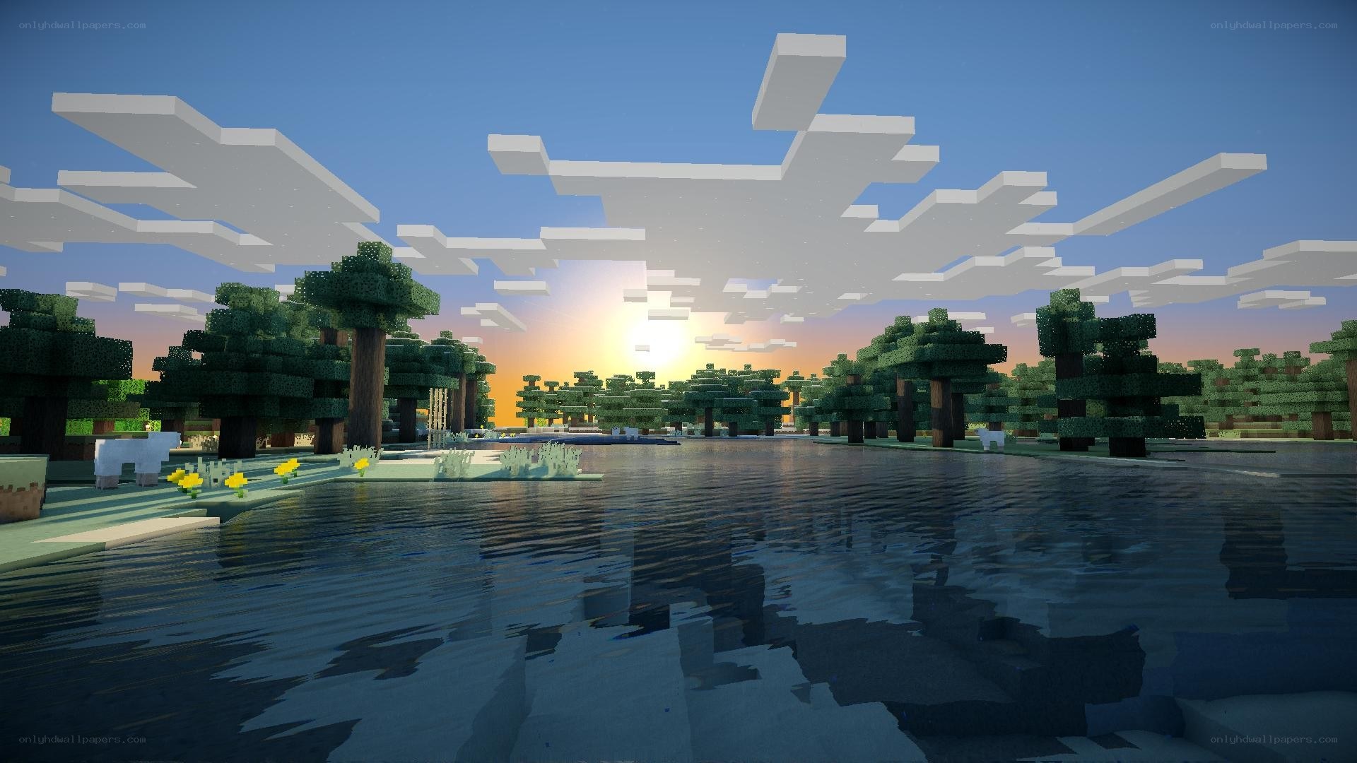 Minecraft sunset by the lake