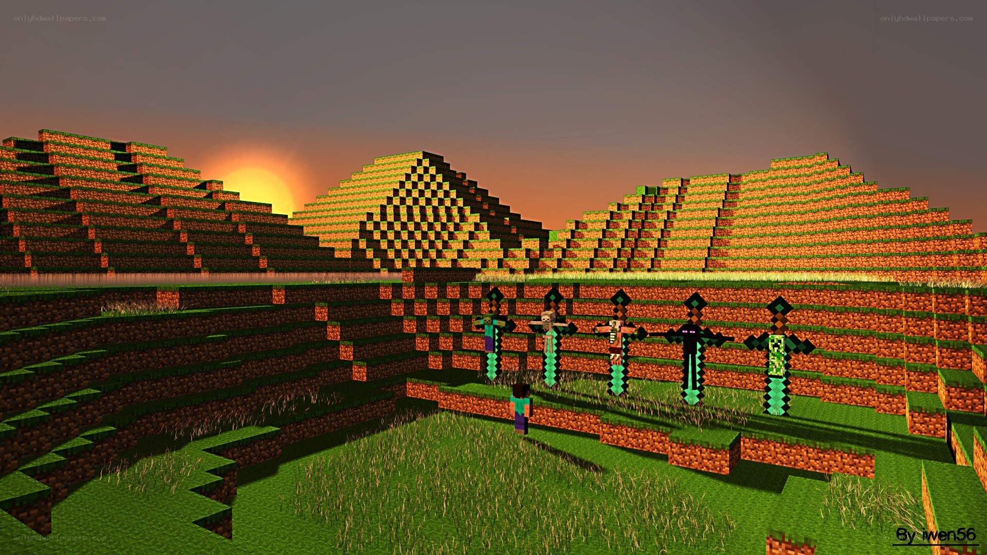 Minecraft sunset with zombies