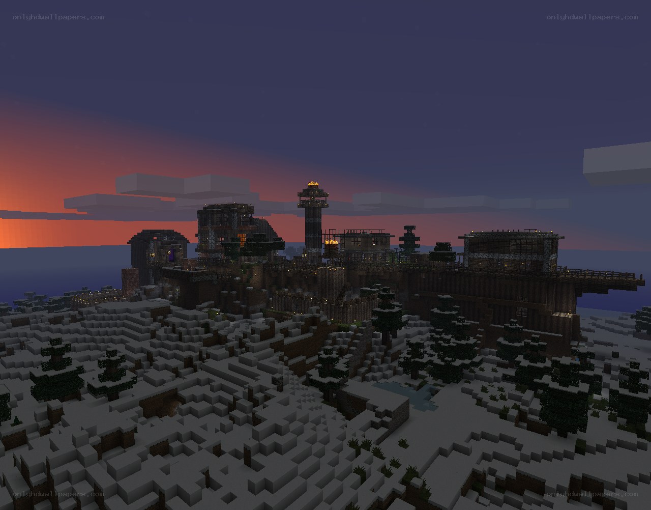 Minecraft village at dusk