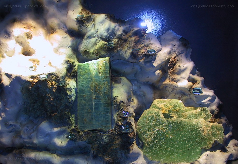 mineral display with large crystals
