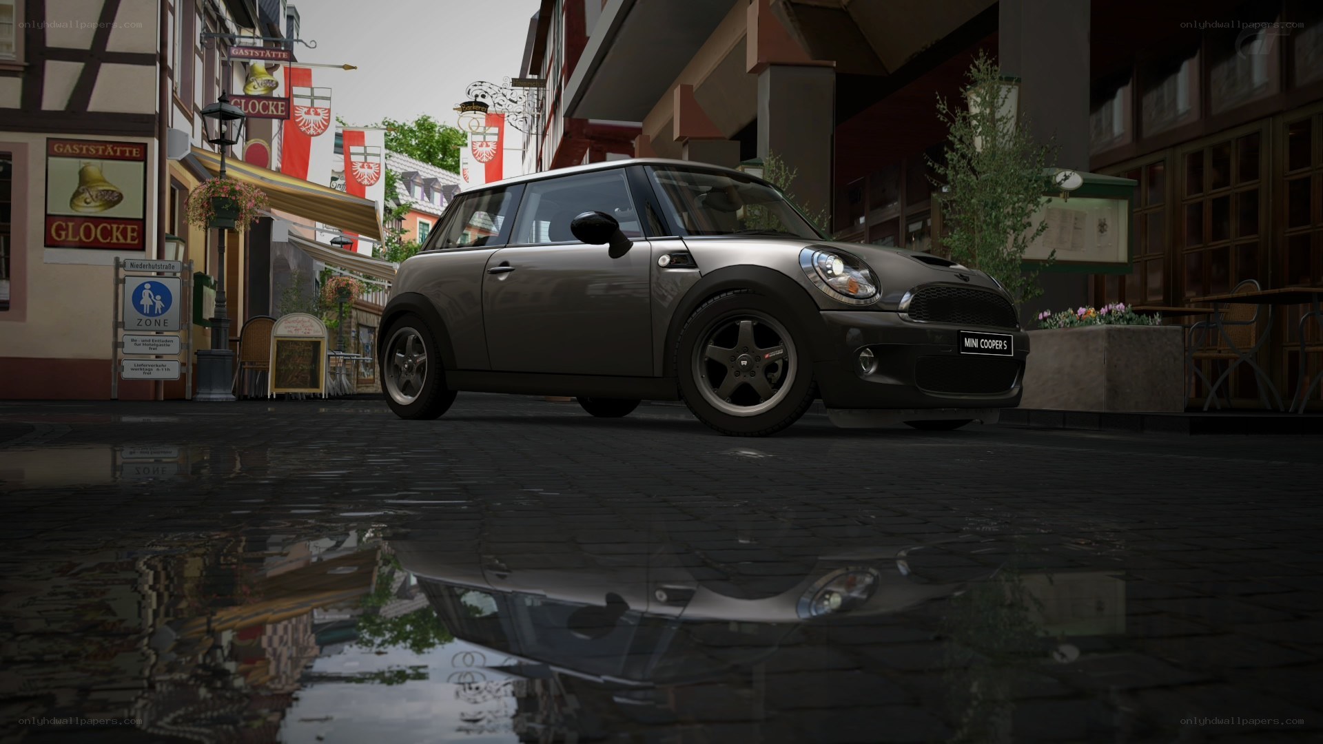 Mini Cooper S on wet street