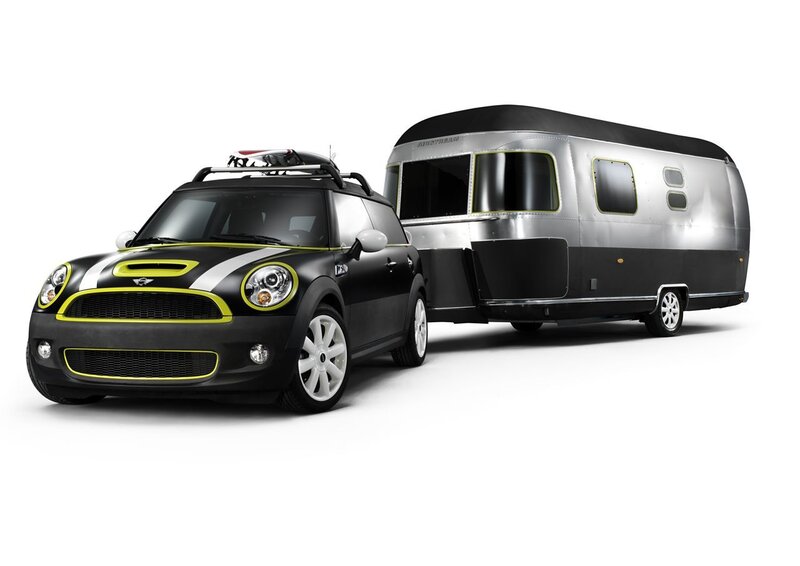 Mini Cooper towing Airstream trailer