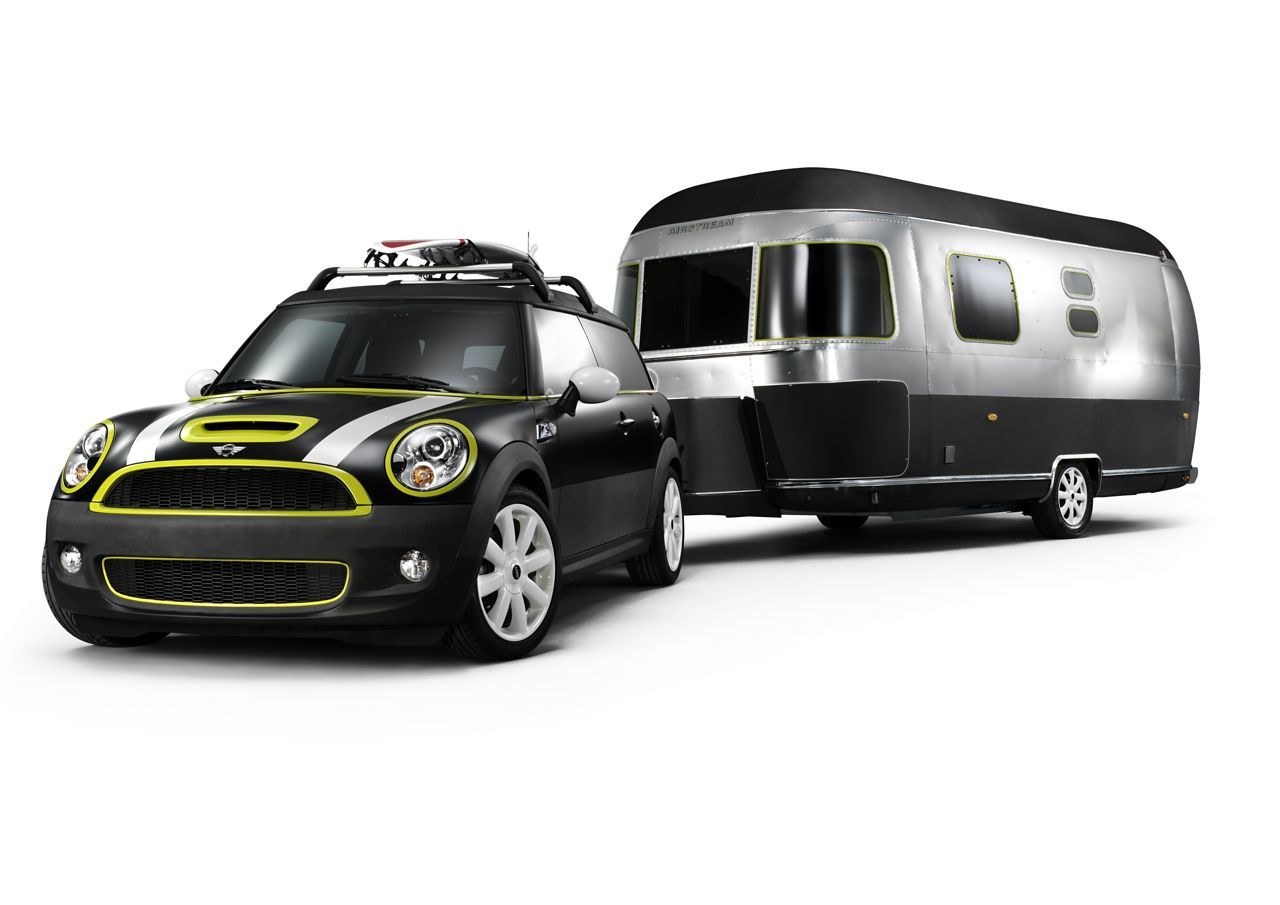 Mini Cooper towing Airstream trailer