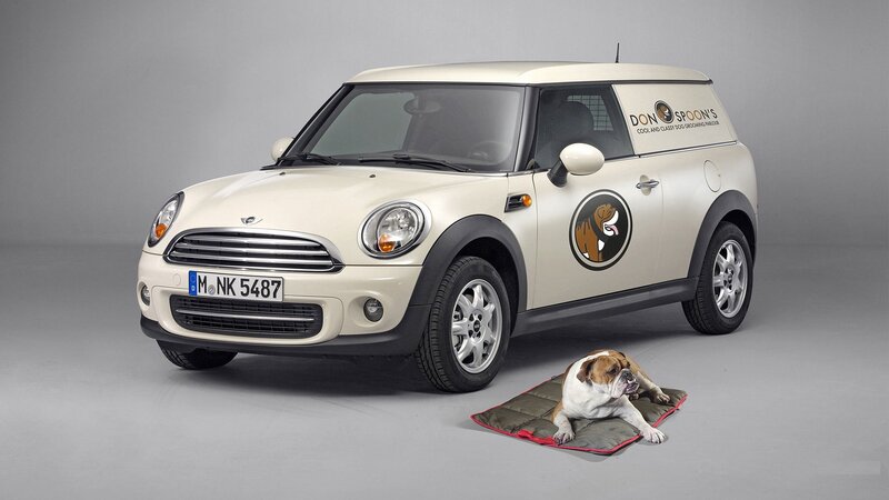 Mini Cooper van with dog