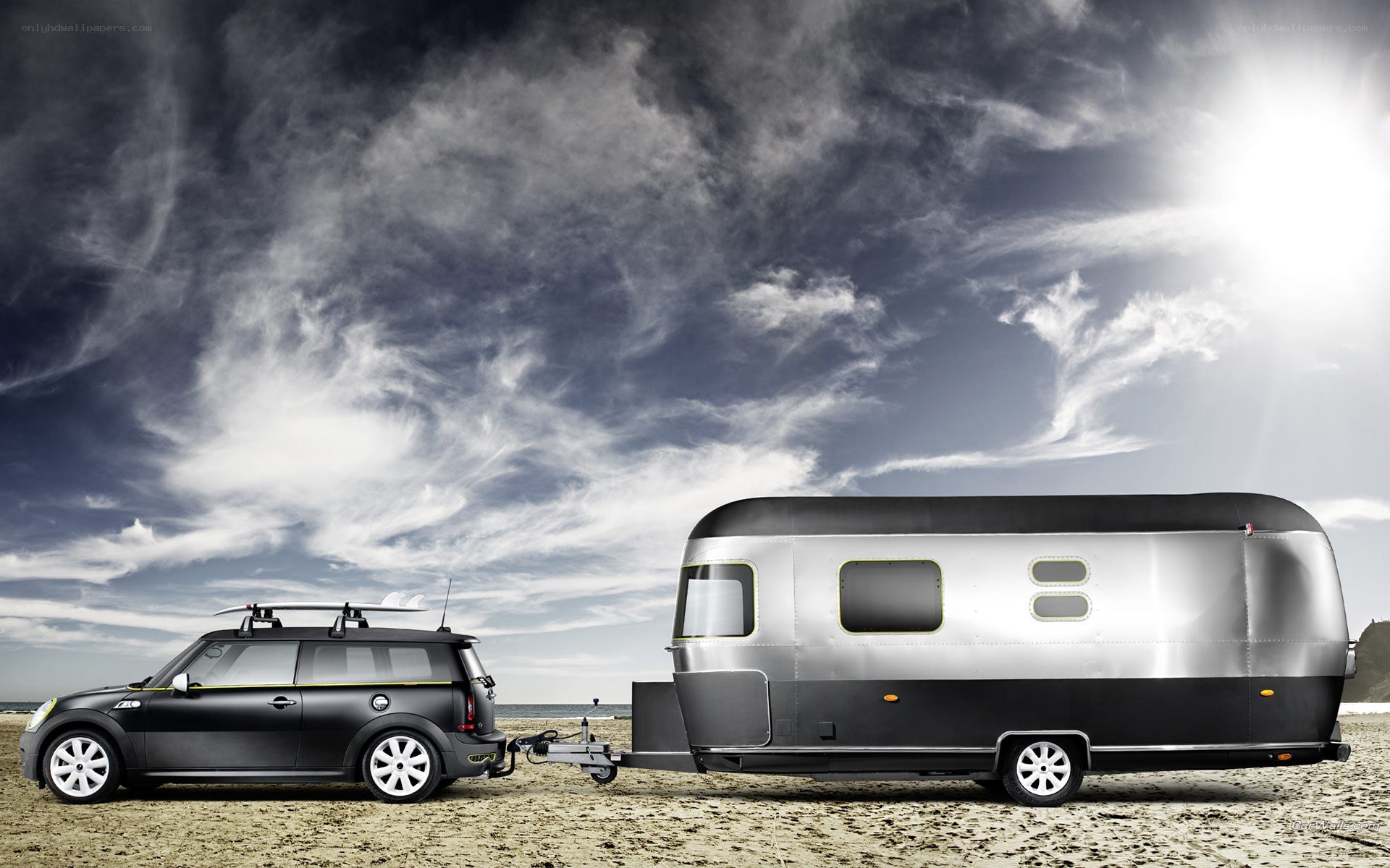Mini Cooper with Airstream trailer