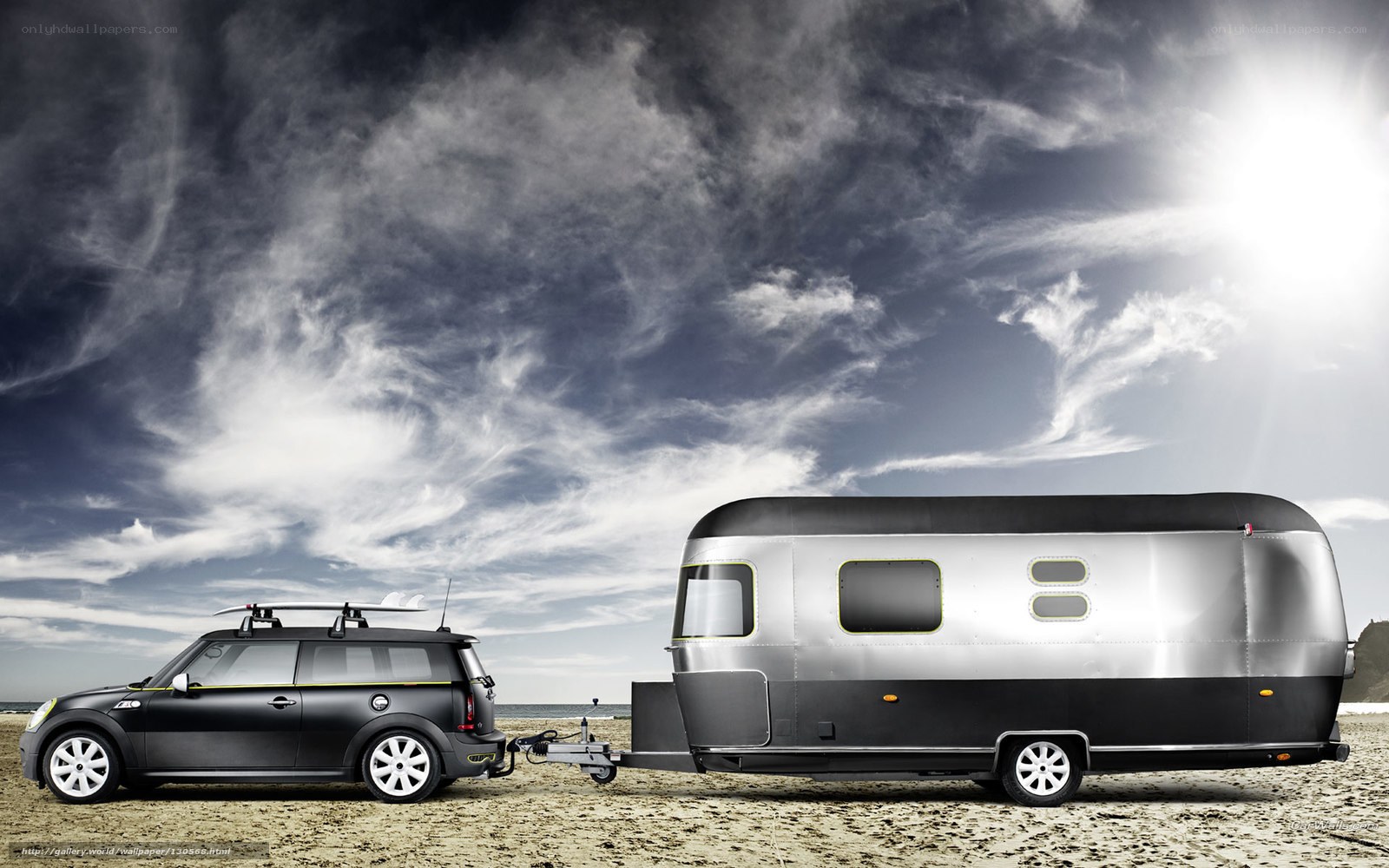 Mini Cooper with trailer on beach