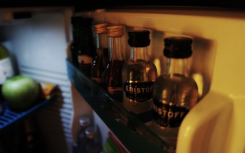 Mini liquor bottles in a fridge