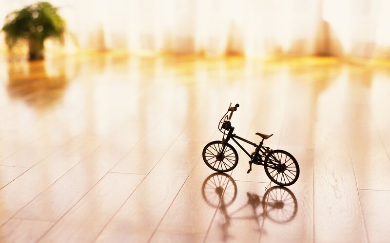 Miniature bike on wooden floor