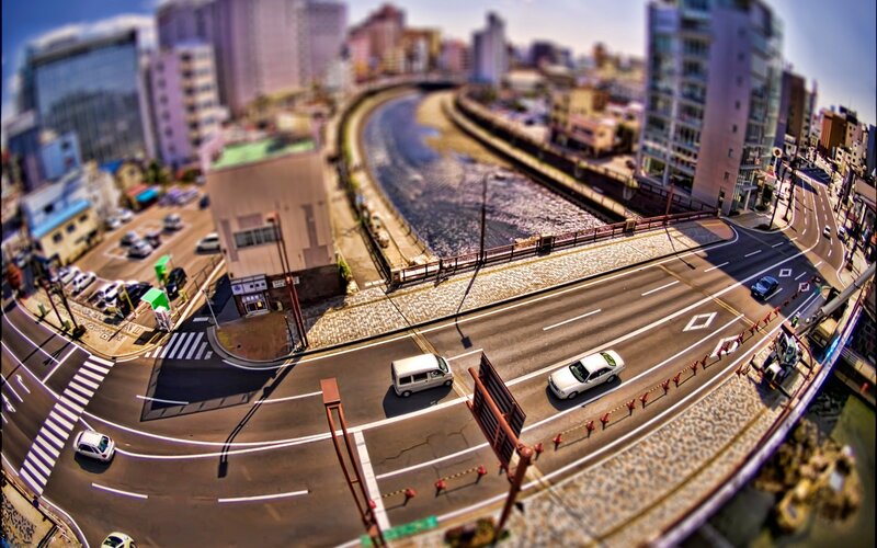 Miniature city scene with river