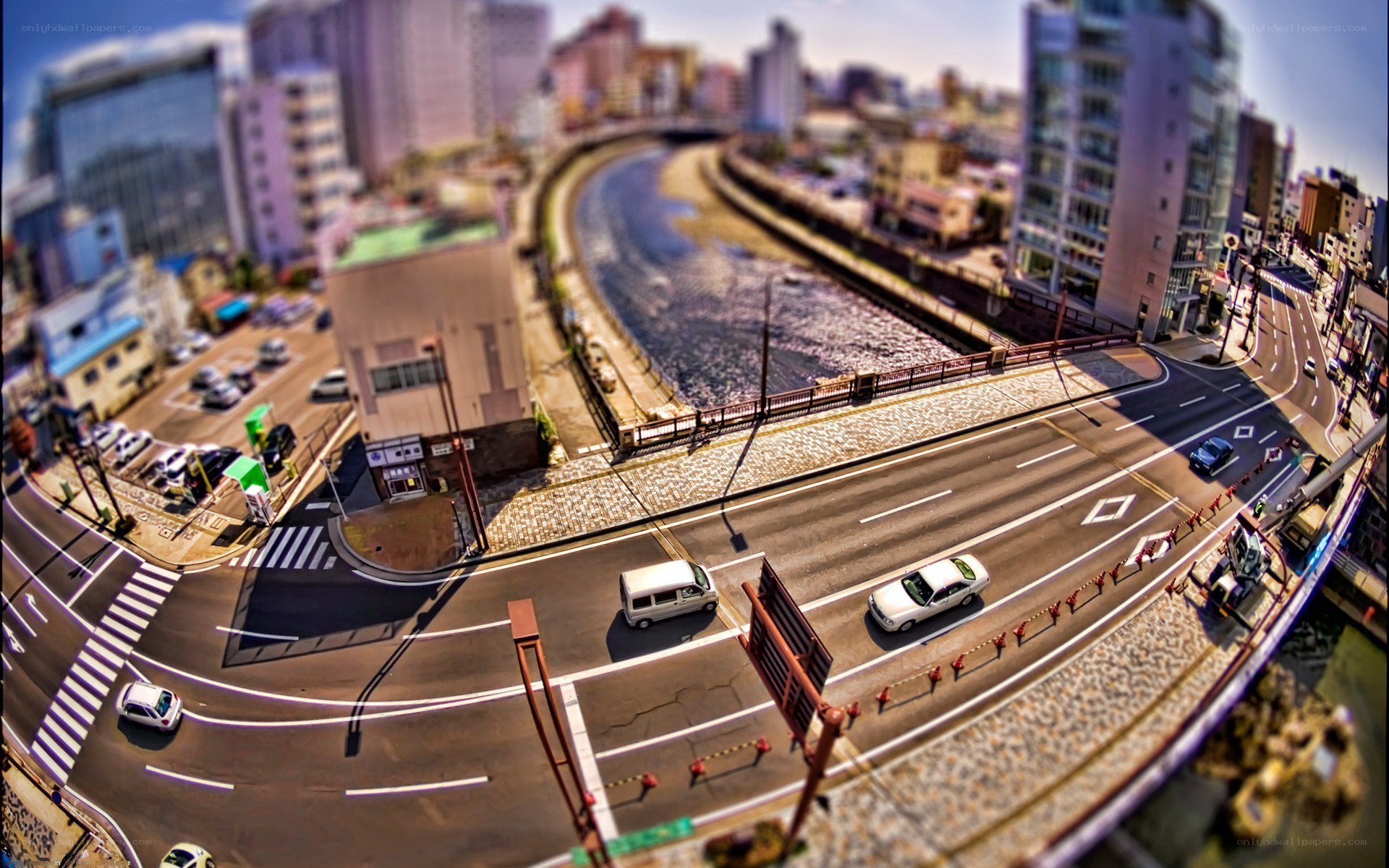 Miniature city scene with river
