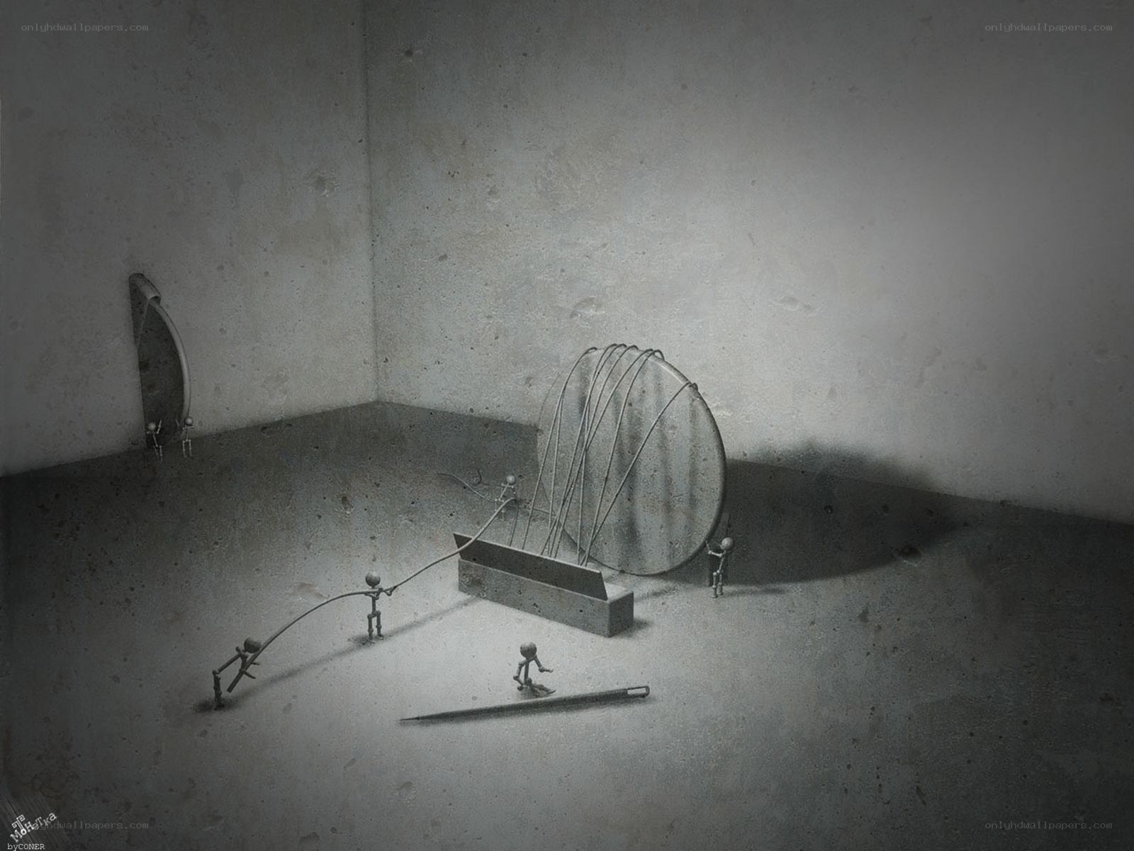 Miniature figures in a concrete room