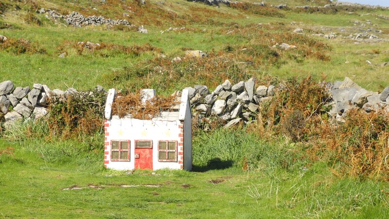 Miniature house in grassy field
