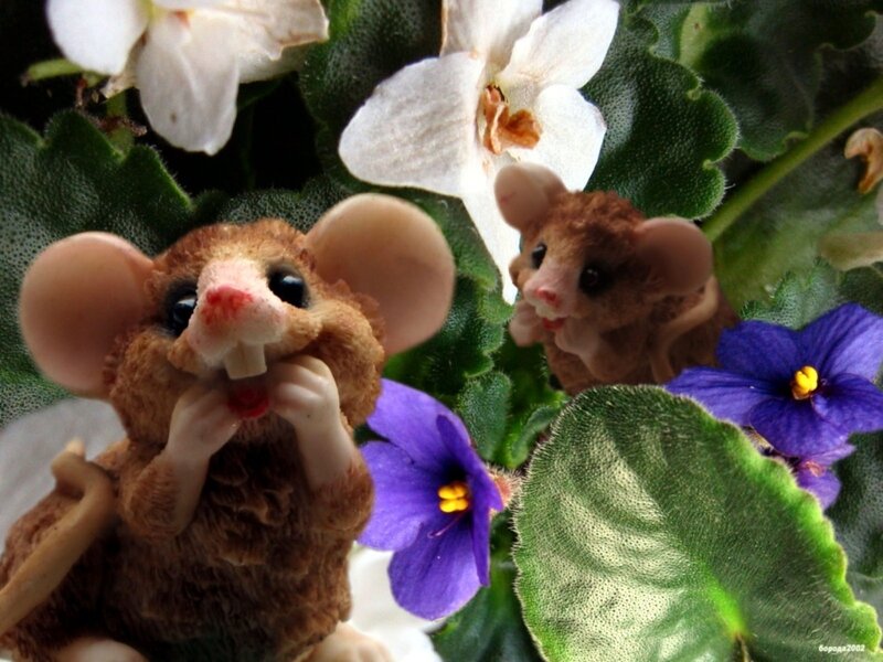 Miniature mice among flowers