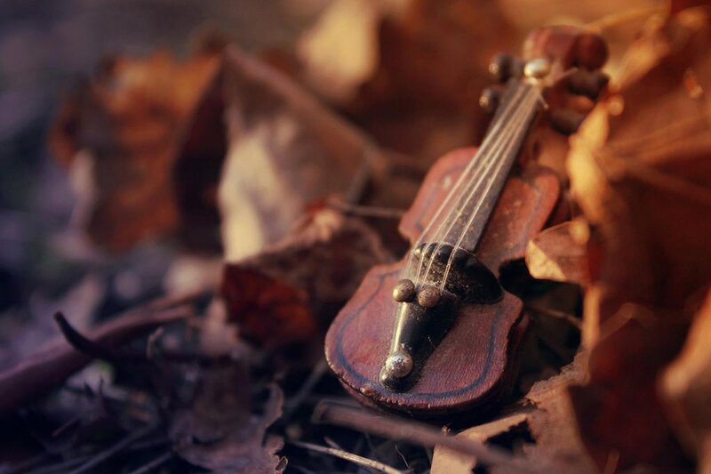 Miniature Violin in Leaves